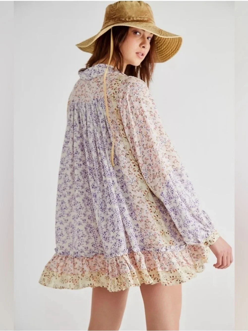Free People Lost In You Printed Tunic Blouse Mini Dress Light Floral Combo